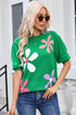Floral Pattern Short Sleeve Crew Neck Knit Sweater