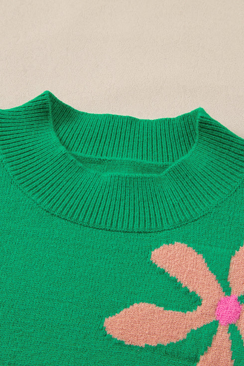 Floral Pattern Short Sleeve Crew Neck Knit Sweater