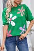 Floral Pattern Short Sleeve Crew Neck Knit Sweater