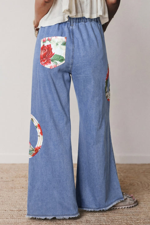 Floral Peace Sign Embroidered Applique Wide Leg Jeans