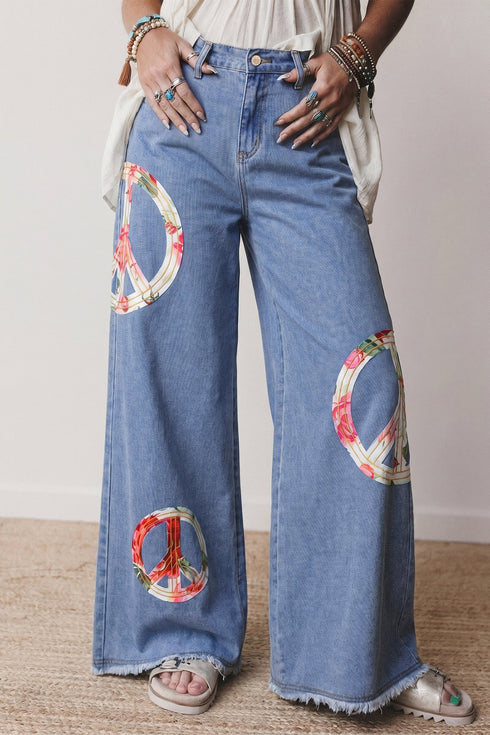 Floral Peace Sign Embroidered Applique Wide Leg Jeans