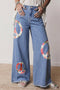 Floral Peace Sign Embroidered Applique Wide Leg Jeans