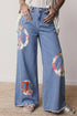 Floral Peace Sign Embroidered Applique Wide Leg Jeans