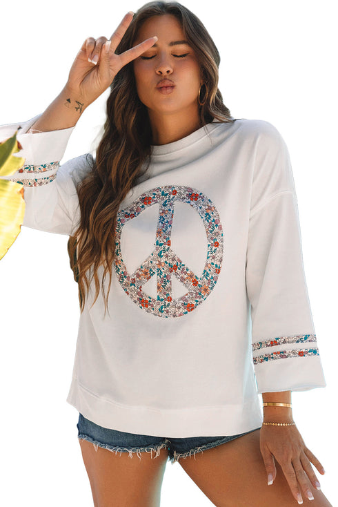 Floral Peace Sign Graphic Drop Shoulder Wide Sleeve Top