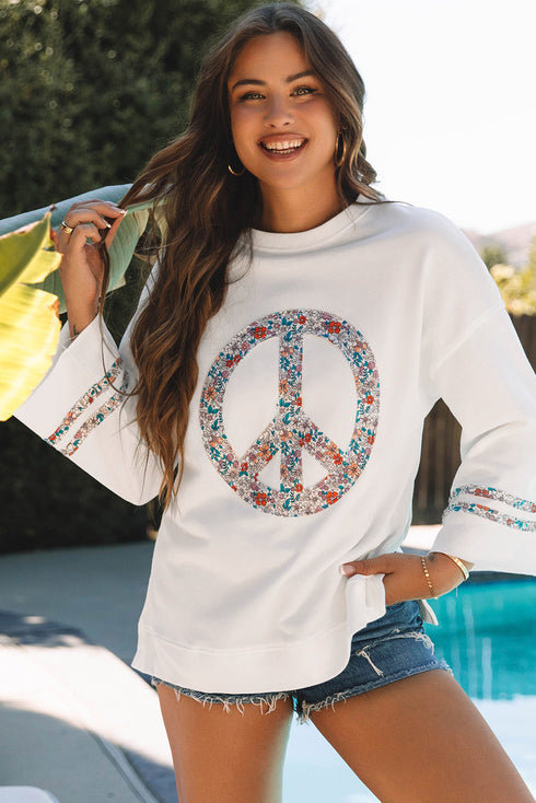 Floral Peace Sign Graphic Drop Shoulder Wide Sleeve Top