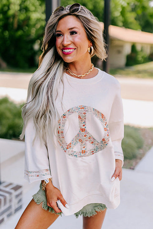 Floral Peace Sign Graphic Drop Shoulder Wide Sleeve Top