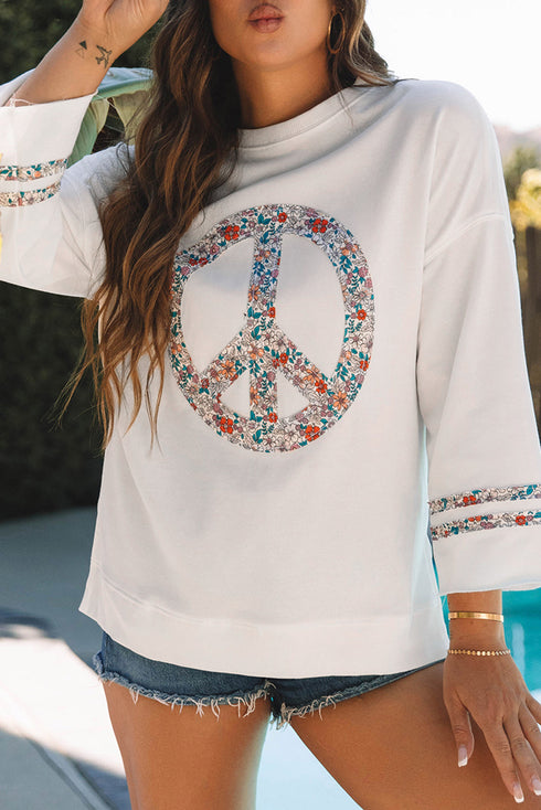 Floral Peace Sign Graphic Drop Shoulder Wide Sleeve Top