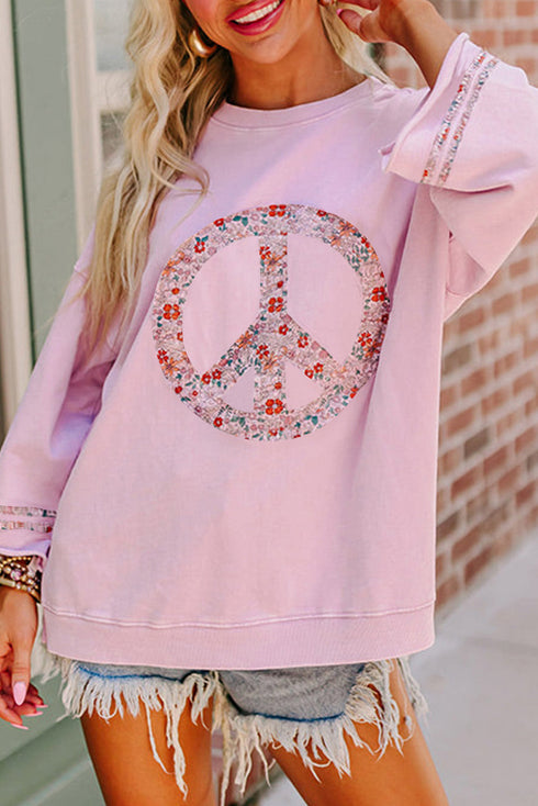 Floral Peace Sign Graphic Drop Shoulder Wide Sleeve Top
