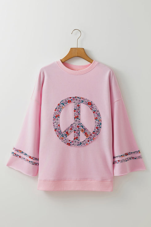 Floral Peace Sign Graphic Drop Shoulder Wide Sleeve Top