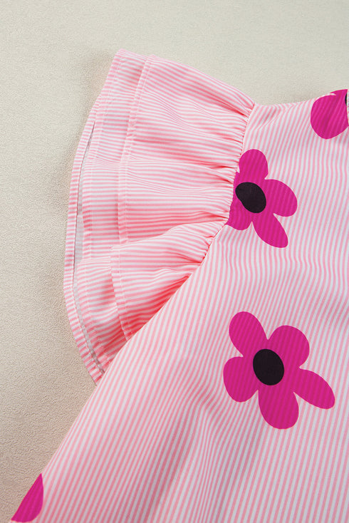Floral Pinstripe Print Ruffled Flutter Sleeve V Neck Blouse