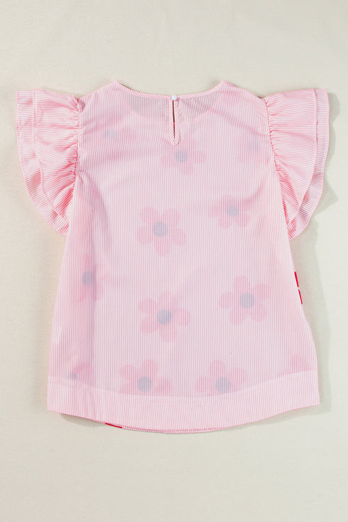 Floral Pinstripe Print Ruffled Flutter Sleeve V Neck Blouse
