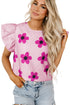 Floral Pinstripe Print Ruffled Flutter Sleeve V Neck Blouse