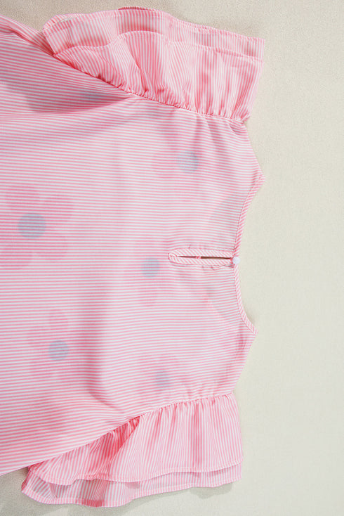 Floral Pinstripe Print Ruffled Flutter Sleeve V Neck Blouse