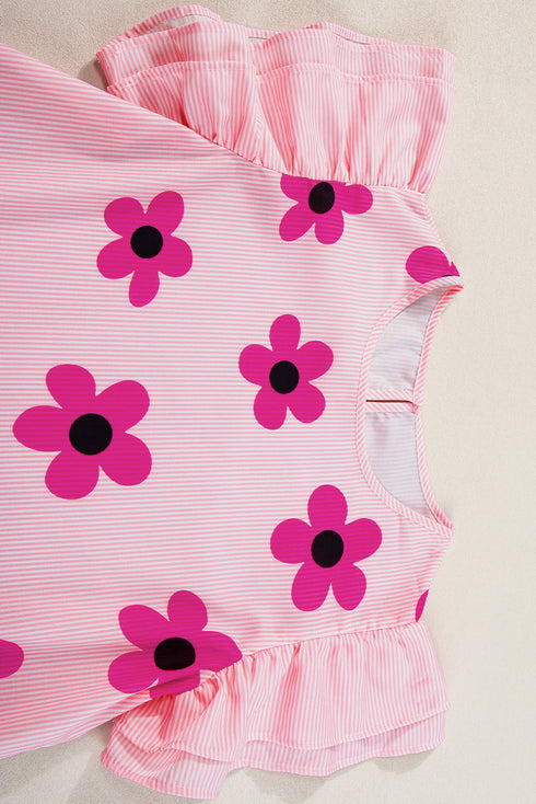 Floral Pinstripe Print Ruffled Flutter Sleeve V Neck Blouse