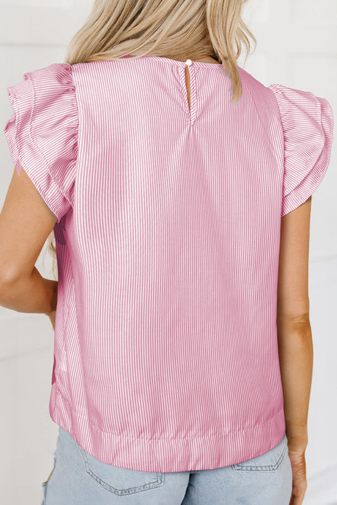 Floral Pinstripe Print Ruffled Flutter Sleeve V Neck Blouse