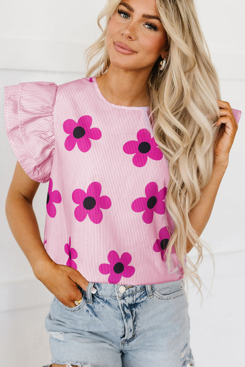 Floral Pinstripe Print Ruffled Flutter Sleeve V Neck Blouse