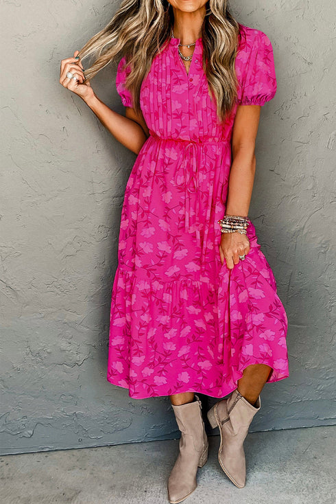 Floral Pintuck Button Front Tiered Midi Dress