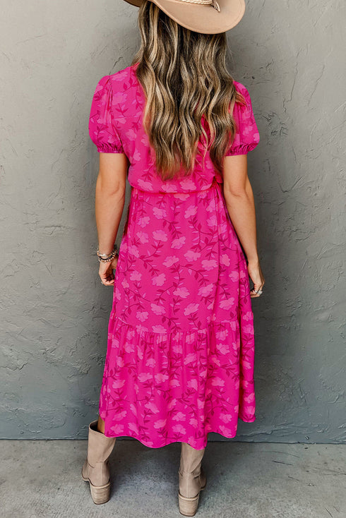 Floral Pintuck Button Front Tiered Midi Dress