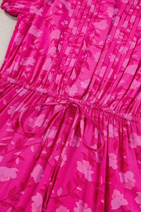 Floral Pintuck Button Front Tiered Midi Dress