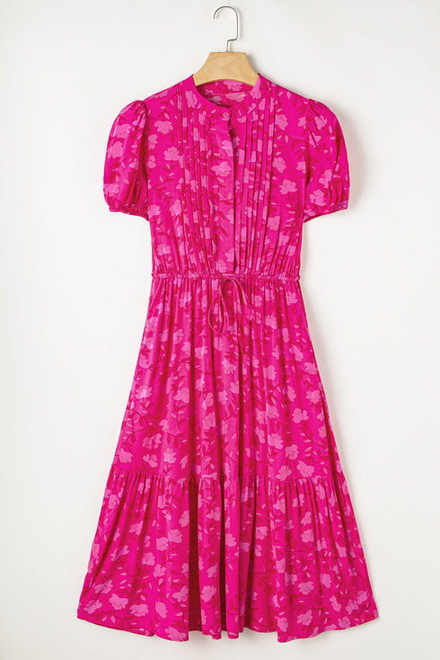 Floral Pintuck Button Front Tiered Midi Dress