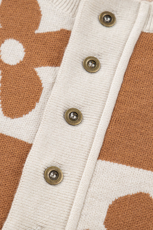 Floral Plaid Henley Button Oversized Baggy Sweater