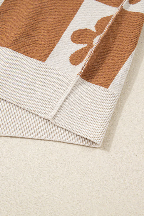 Floral Plaid Henley Button Oversized Baggy Sweater