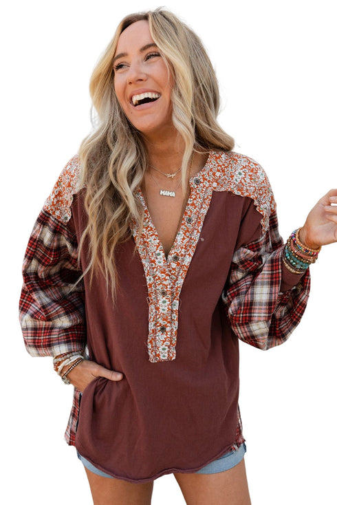 Floral Plaid Mixed Print Bishop Sleeve Patchwork Top
