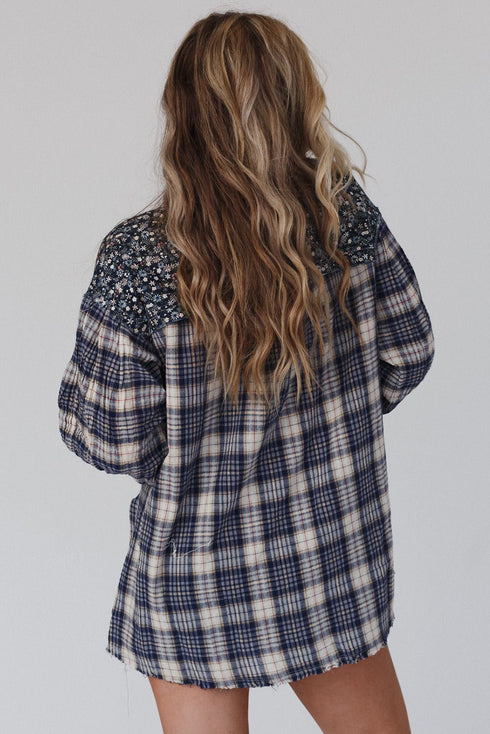 Floral Plaid Mixed Print Bishop Sleeve Patchwork Top