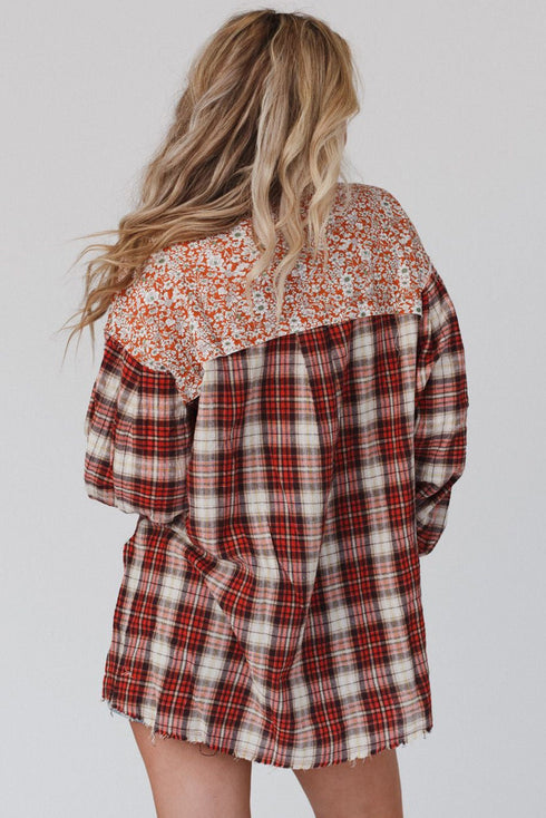 Floral Plaid Mixed Print Bishop Sleeve Patchwork Top