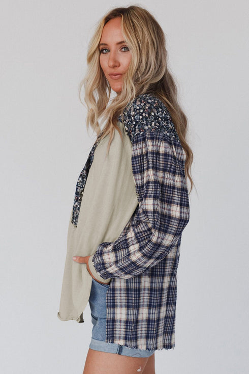 Floral Plaid Mixed Print Bishop Sleeve Patchwork Top