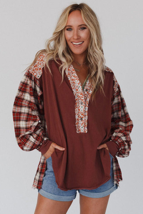 Floral Plaid Mixed Print Bishop Sleeve Patchwork Top