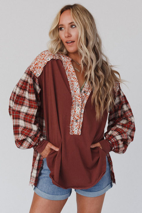 Floral Plaid Mixed Print Bishop Sleeve Patchwork Top
