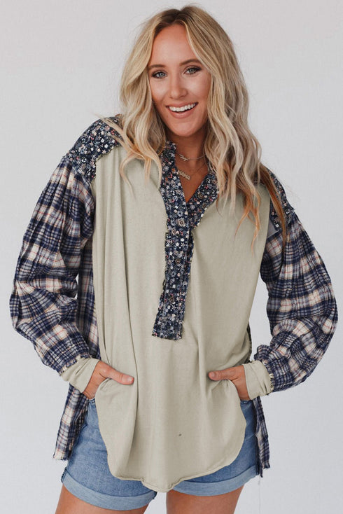 Floral Plaid Mixed Print Bishop Sleeve Patchwork Top