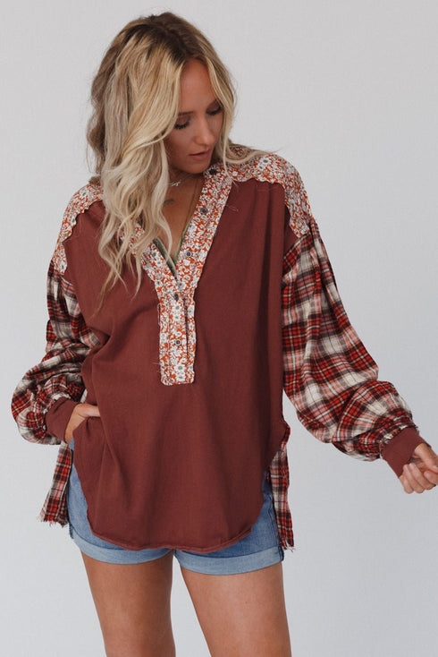 Floral Plaid Mixed Print Bishop Sleeve Patchwork Top