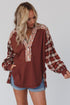 Floral Plaid Mixed Print Bishop Sleeve Patchwork Top