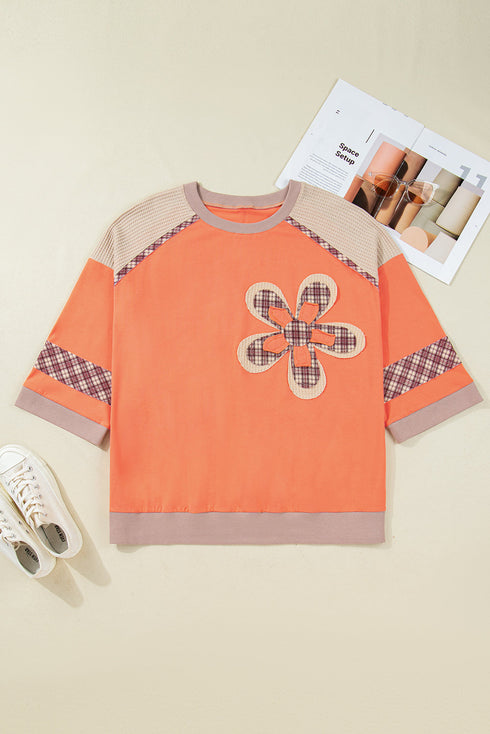 Floral Plaid Patched Waffle Knit Plus Size Long Sleeve Top