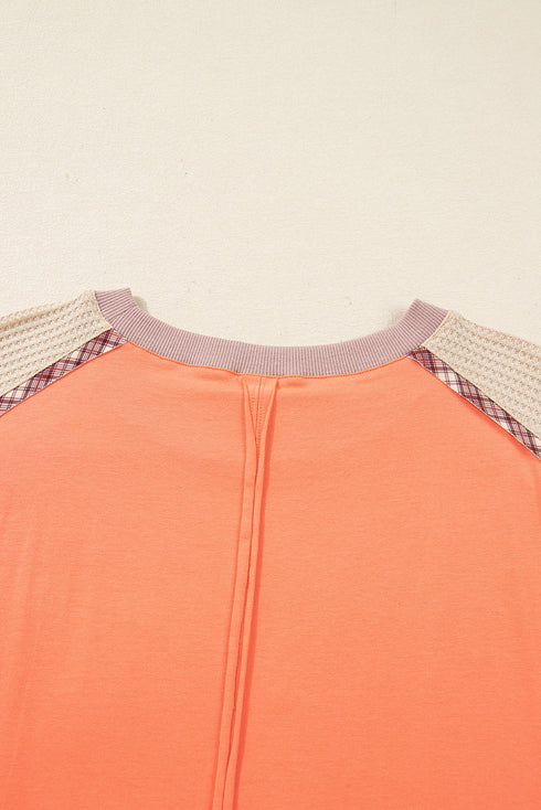 Floral Plaid Patched Waffle Knit Plus Size Long Sleeve Top