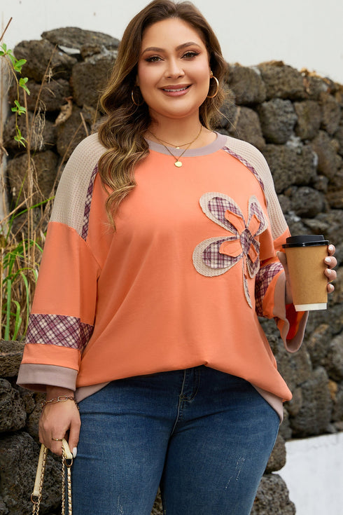 Floral Plaid Patched Waffle Knit Plus Size Long Sleeve Top