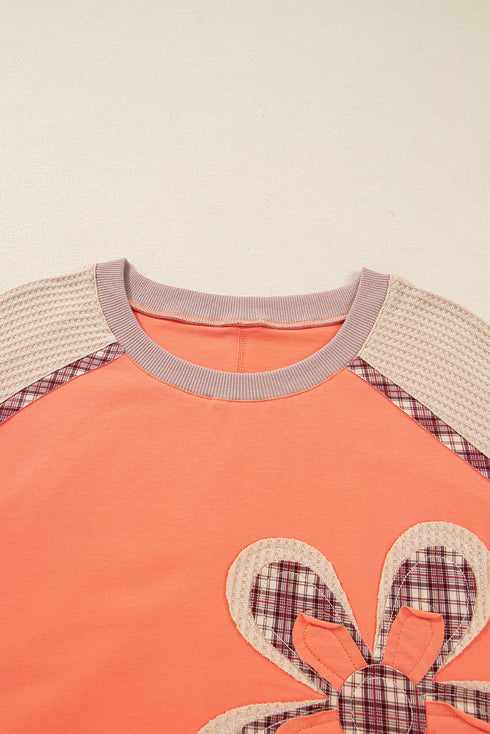 Floral Plaid Patched Waffle Knit Plus Size Long Sleeve Top