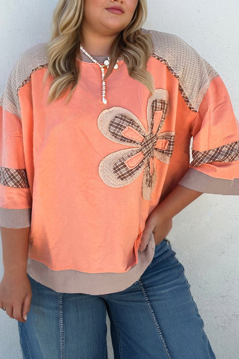 Floral Plaid Patched Waffle Knit Plus Size Long Sleeve Top