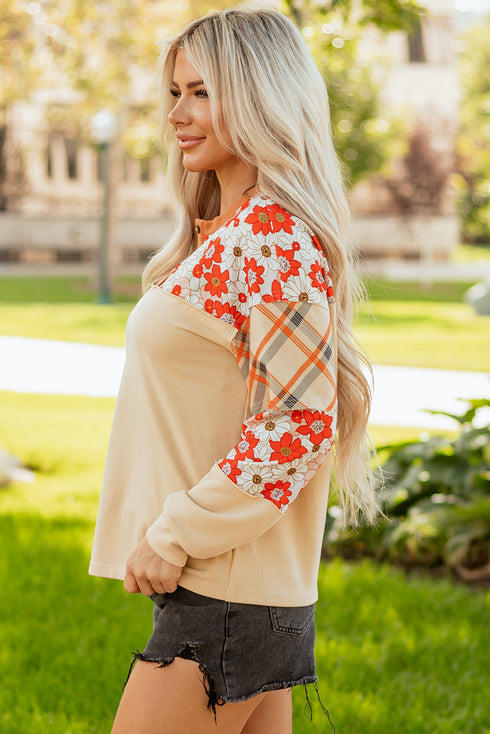 Floral Plaid Patchwork Mixed Print Long Sleeve Top