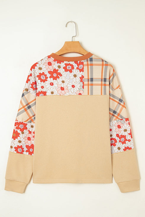 Floral Plaid Patchwork Mixed Print Long Sleeve Top