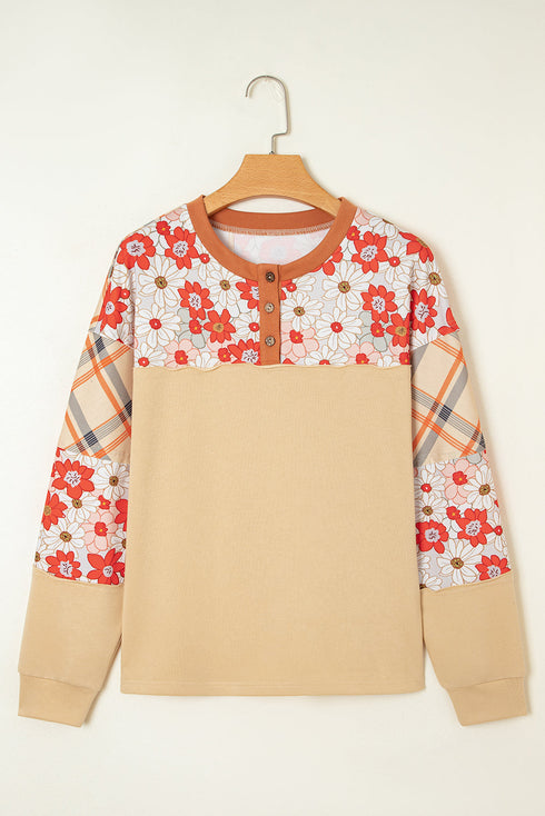 Floral Plaid Patchwork Mixed Print Long Sleeve Top