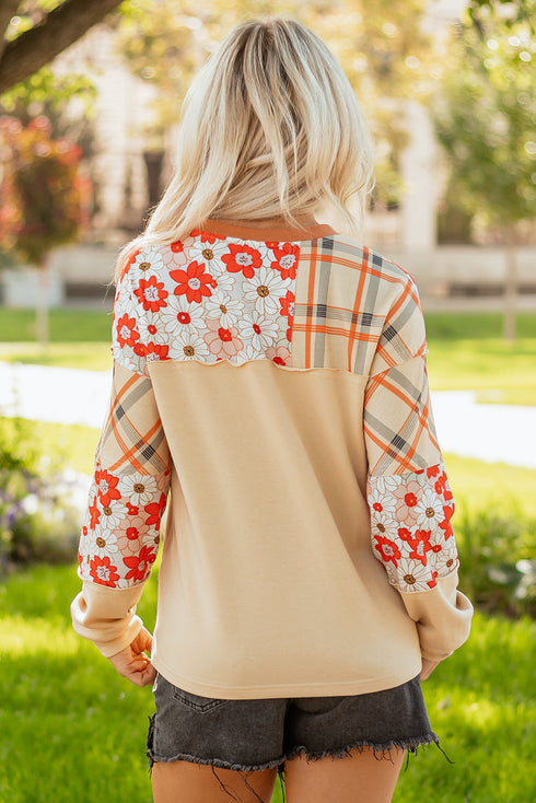 Floral Plaid Patchwork Mixed Print Long Sleeve Top