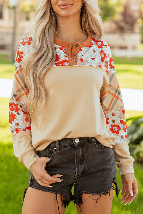 Floral Plaid Patchwork Mixed Print Long Sleeve Top