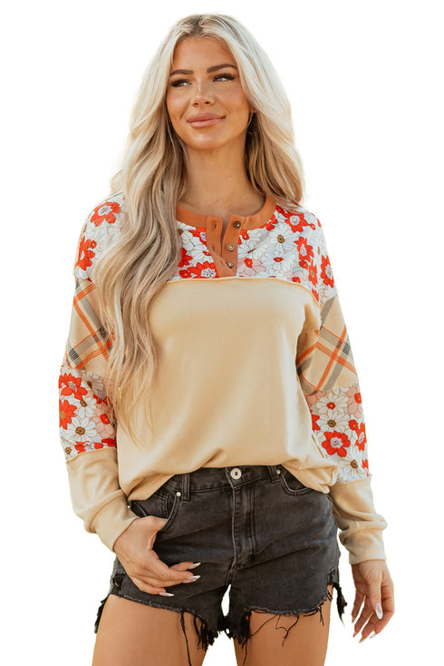 Floral Plaid Patchwork Mixed Print Long Sleeve Top