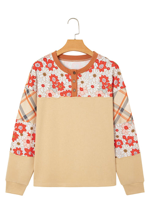 Floral Plaid Patchwork Mixed Print Long Sleeve Top