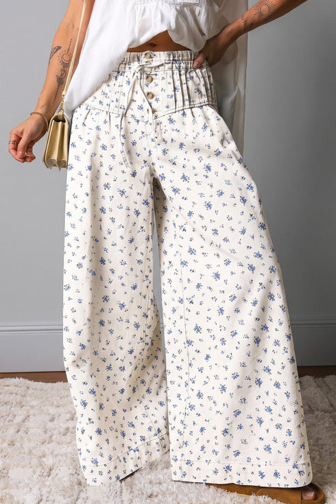 Floral Pleated High Waist Drawstring Wide Leg Denim Jeans