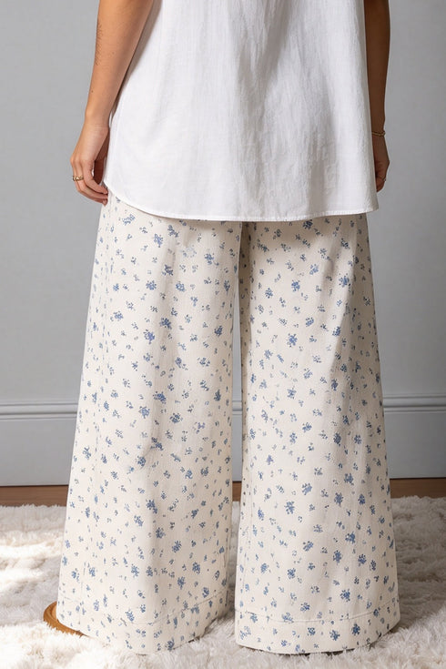 Floral Pleated High Waist Drawstring Wide Leg Denim Jeans