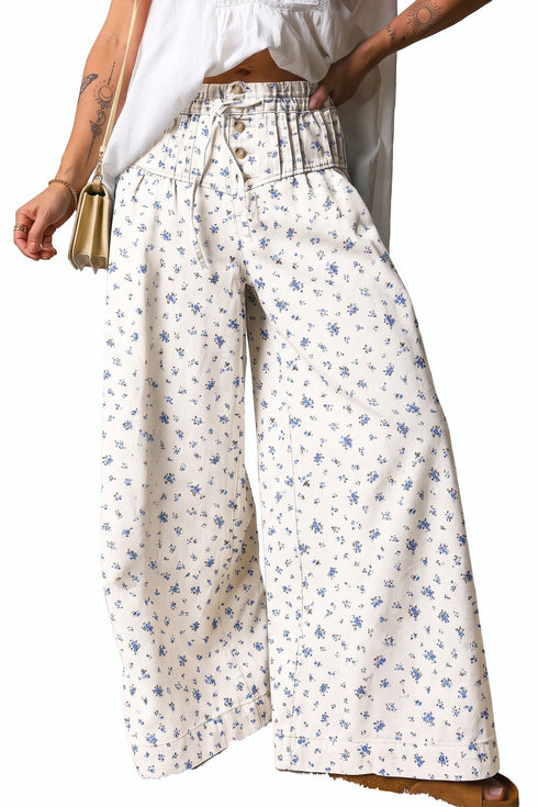 Floral Pleated High Waist Drawstring Wide Leg Denim Jeans